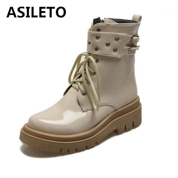 

asileto punk women ankle boots round toe flat square heel patent leather 6cm lace-up zip buckles plush big size 43 red s20851, Black