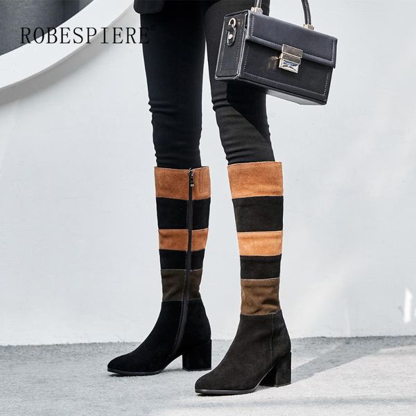 

robespiere genuine leather boots women riding casual mixed colors zipper winter plush thigh high boots botas mujer footwear b98, Black