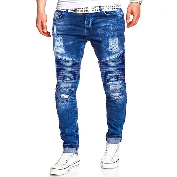 

casual pants men fashionable men's blue frayed denim trousers1