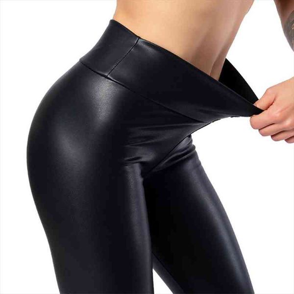 

leggings leather wet look shiny disco high waist trouser pants solid color ankle-length trouser mujer running, Black