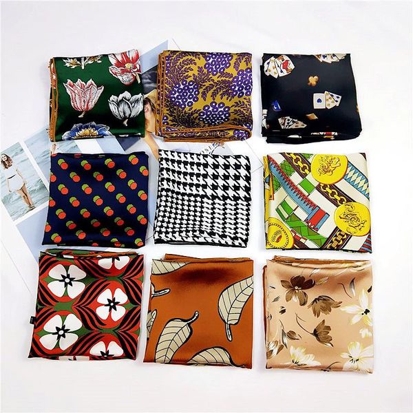 

60*60cm Women Print Neckerchief Small Bandana Multicolor Square Scarves Foulard Femme Hair Tie Band Twill Silk Scarf, Blue;gray
