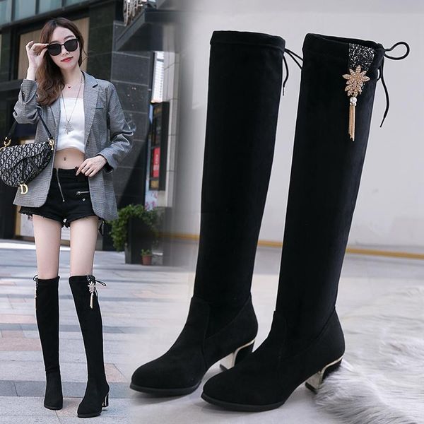 

women boots winter over knee long boots fashion heels autumn quality suede comfort square heels, Black