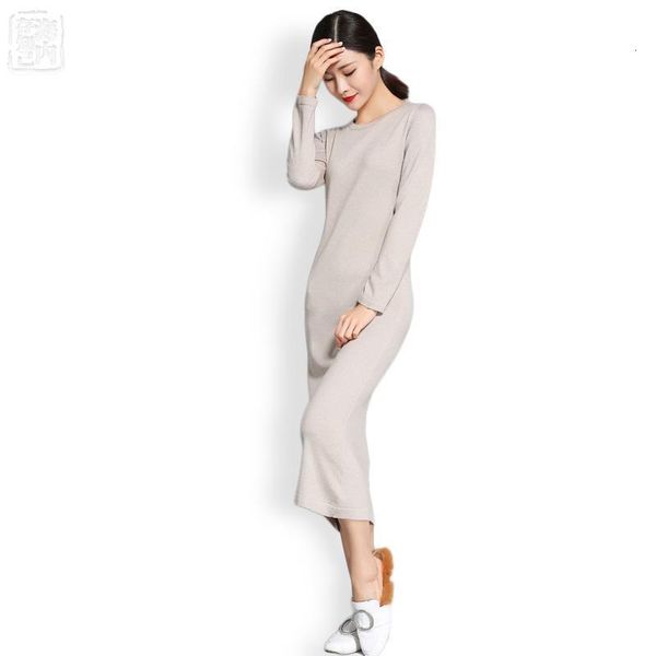 

o-neck wool knit straight dress long wool knit split dress solid color simple womens long sweaters winter full sleeve #1299, Black;gray