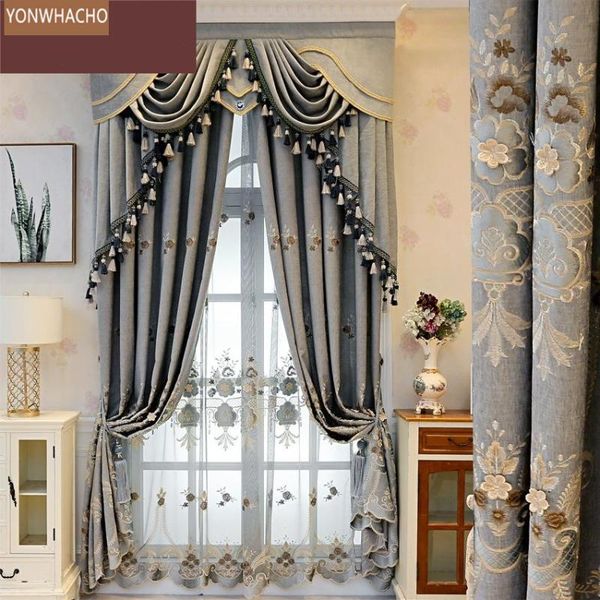 

custom curtains european living room luxury chenille embroidery flowers gray cloth blackout curtain tulle valance drape b585