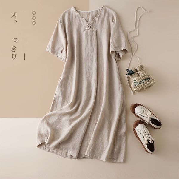 

60825 cotton and summer 2020 new women's simple short-sleeved v-neck dresscotton and linen dresscasual linen dress loose lazy style dre, Black;gray