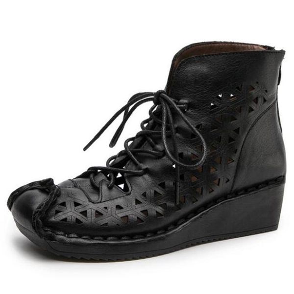 

2020 new summer 100% natural full genuine leather sandals hollow women sandals wedge elegant comfort fashion, Black