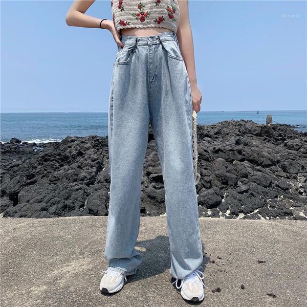 

fashion korean style 2020 summer new fashion high waist jeans femme straight loose casual wide light blue denim pants1