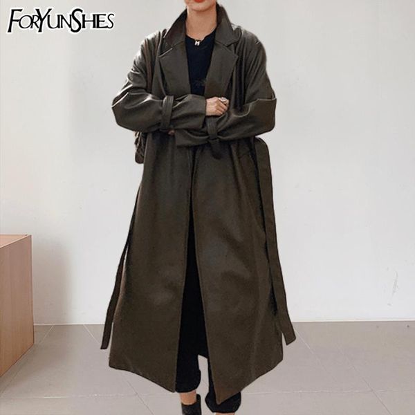 

foryunshes winter women's pu windbreaker notched collar 2020 fall new fashion belt trench coat ladies faux leather long coats, Black