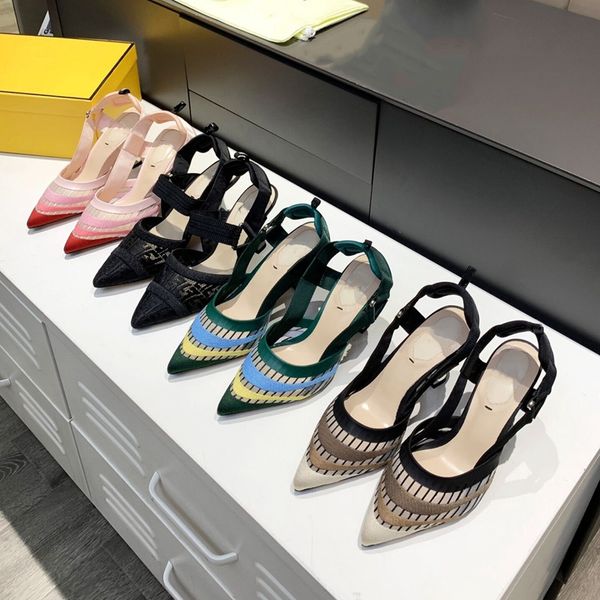 

2022 women ladies real leather 6.5cm cone heels sandals summer mesh fairy wedding party uckle shoes fashion pillage ponited toe straw size 3, Black
