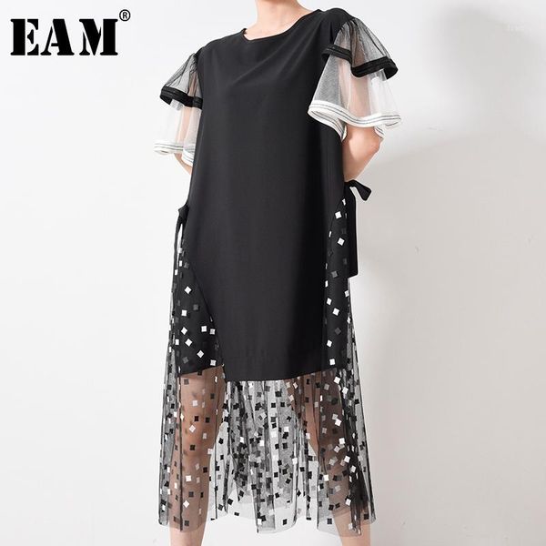 

eam] women black mesh printed ruffles big size dress new round neck short sleeve loose fit fashion spring summer 2020 1u120011, Black;gray