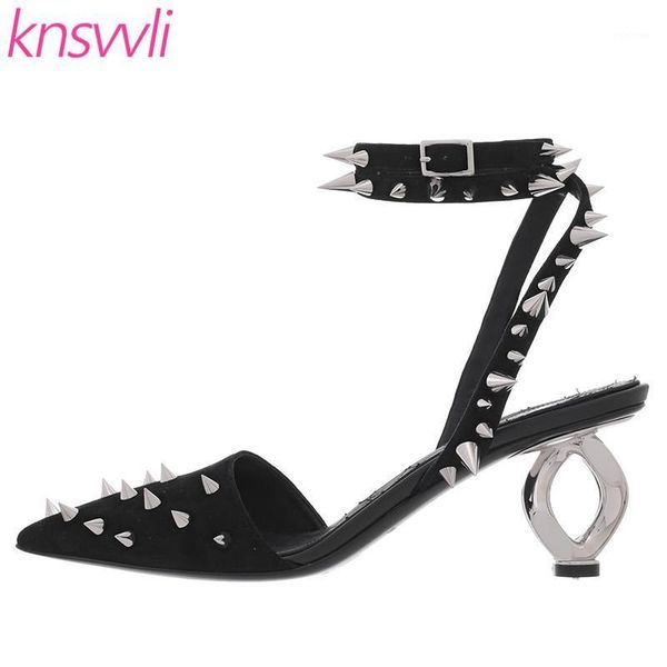 

dress shoes suede runway woman rivets flowers ankle buckle strap women pumps metal strange style high heel luxury1, Black