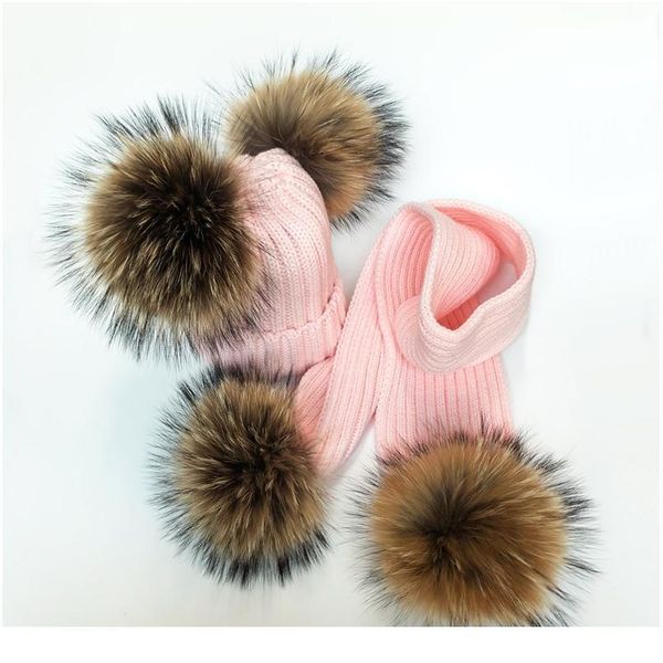 

2020 parent-child caps cute baby pompom winter hat scarf sets real natural fur ball caps mother kids warm knitted hats jlluai