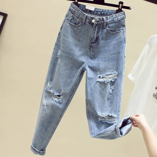 

women's spring and summer high waist holed loose mesh red ins straight tube harlan radish quarter pants, Blue