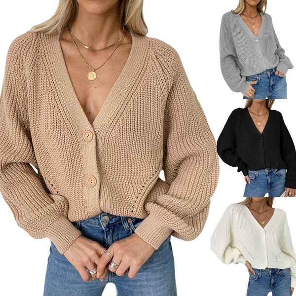 

women's knits & tees autumn winter women sweater solid color fashion cardigan puff sleeve v-neck knitwear top, White