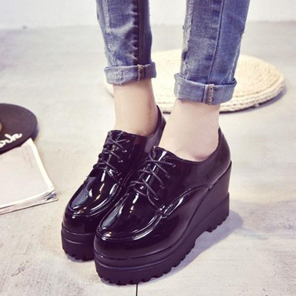 

spring and autumn 2020 new wedges patent-leather single shoes women's platform shoes college style high-heeled women's1, Black
