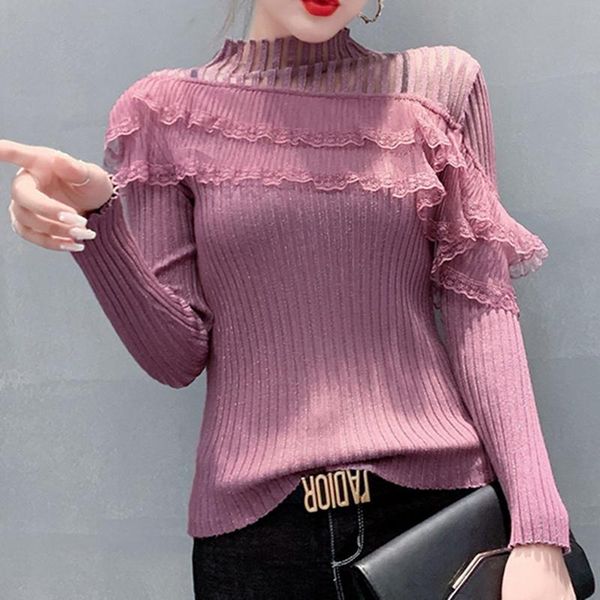 

lace ruffle turtleneck pullover knitshirt korean women clothes bright silk 2021 spring party elegant sweater blouse, White;black
