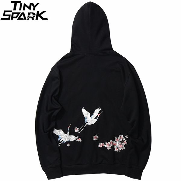 

men hip hop streetwear hoodie embroidery crane peach blossom kanji cotton casual fashion floral sweat shirt kg-679, Black