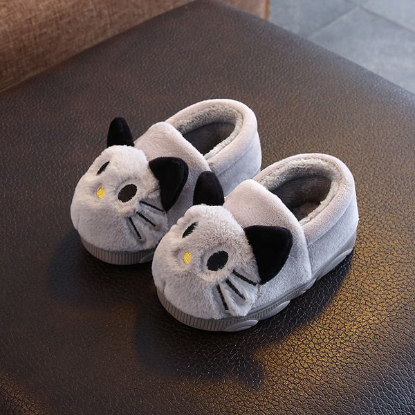 

baby winter slippers kids boys girls cute cartoon cat slipper kids indoor fur warm shoes child home floor shoes sjt002 q0112, Black;grey