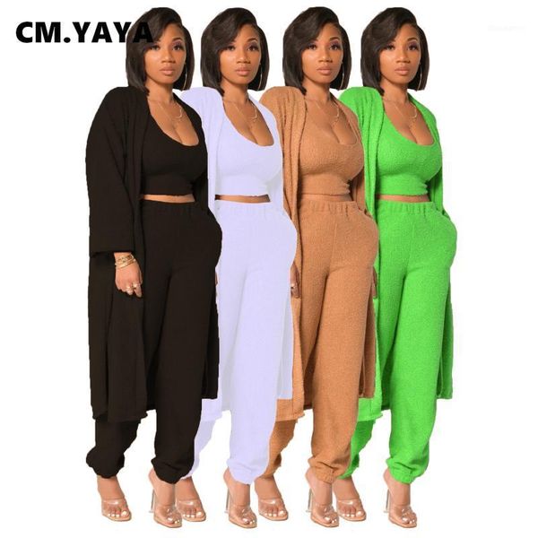

cm.yaya blends three 3 pieces set women fall winter fitness outfits cloak + tank + pants suits overalls active fleece tracksuit1, Gray
