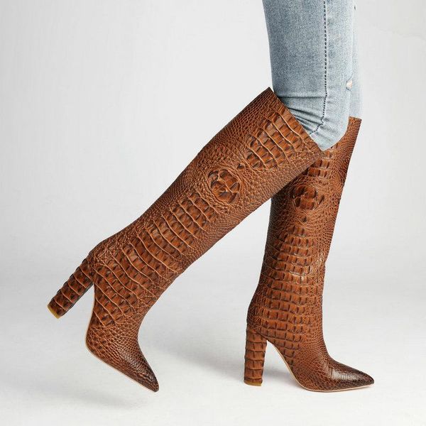 

fashion crocodile leather print knee-high high-women boots imitation leather square heel long boots pointed toe women, Black