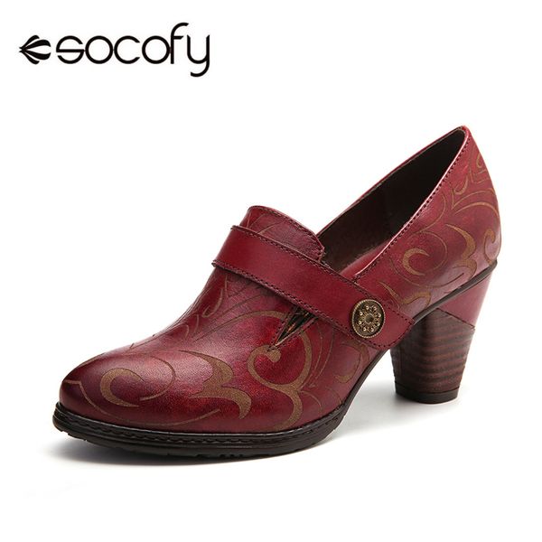 

socofy retro genuine leather pumps vine pattern solid color elegant hook loop pumps shoes women high heel ladies shoes t200525, Black