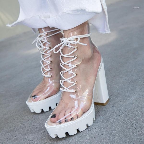 

boots 2021 summer peep toe ankle sandals transparent cross-tied crystal square heels women's 10cm high shoes woman1, Black
