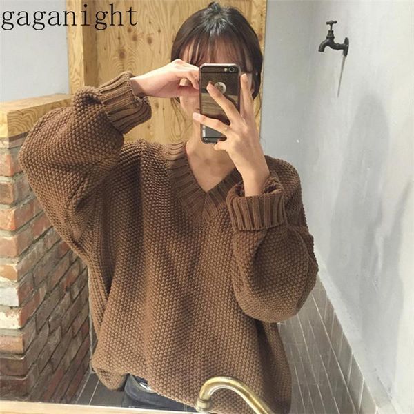 

gaganight vintage women sweater autumn winter long sleeves v neck solid pullovers jumper loose pull femme fashion korea basic1, White;black
