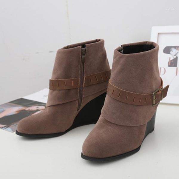 

women ankle boots 2020 wedges big size women's zip buckle shoes woman pu leather high heel female round toe autumn and winter1, Black
