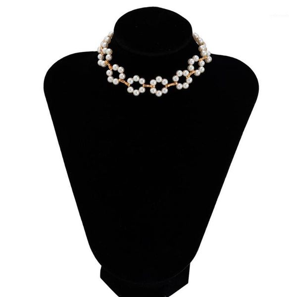 

chokers korean elegant imitation pearl flower choker necklace bohemian handmade short collar clavicle women jewelry1, Golden;silver