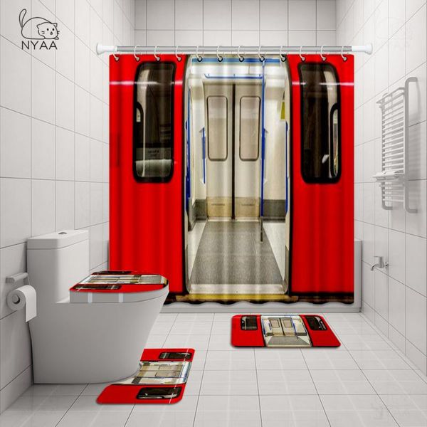 

nyaa 4 pcs london underground tube station shower curtain pedestal rug lid toilet cover mat bath mat set for bathroom decor
