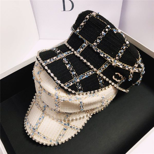 

new fashion all-match designer small fragrant wind navy hat fashion hat brim diamond flat lattice military hat, Blue;gray