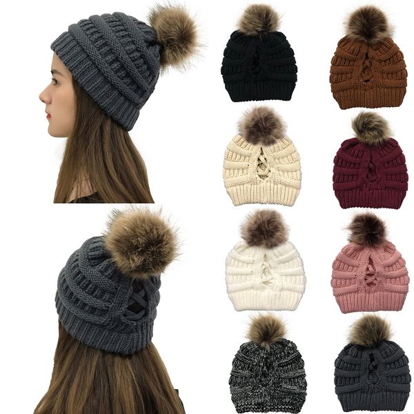 

8 styles criss-cross pom pom beanies women girl winter knitted hats outdoor ponytail beanie detachable pompom hat knit cross cap m2853, Yellow