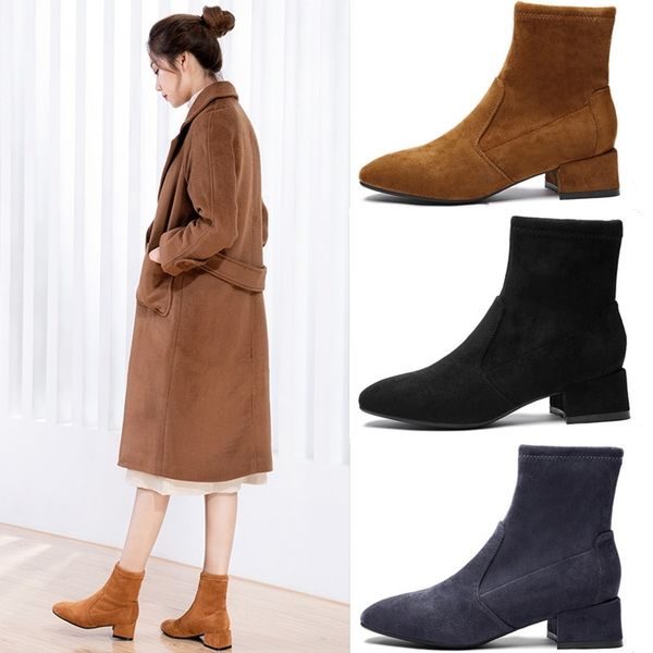 

winter women warm plush square med high heels faux suede leather flock ankle slip on snow boots shoes woman new y200115, Black