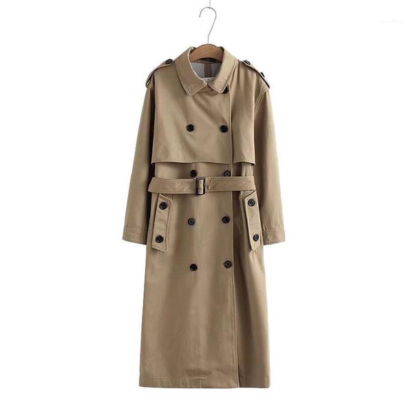 

women casual solid color double breasted outwear sashes office coat chic epaulet design long trench1, Tan;black