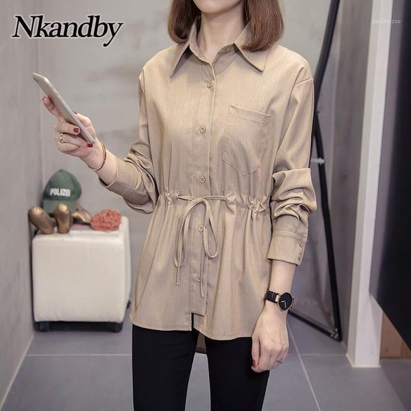 

plus size denim shirts women 2021 autumn fashion loose long sleeve waist banding ladies blouse outwear oversized korean jackets1, White