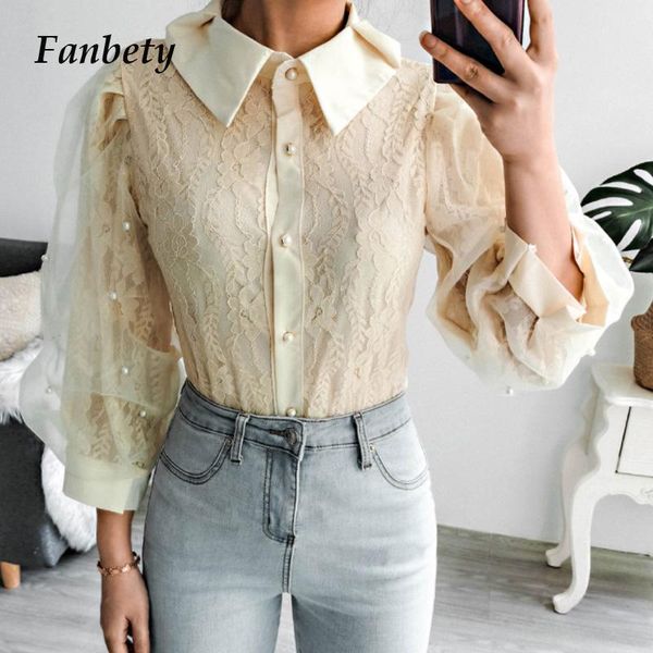 

women's blouses & shirts autumn elegant lace beading blouse shirt office lady solid turn down collar women casual button long sleeve me, White