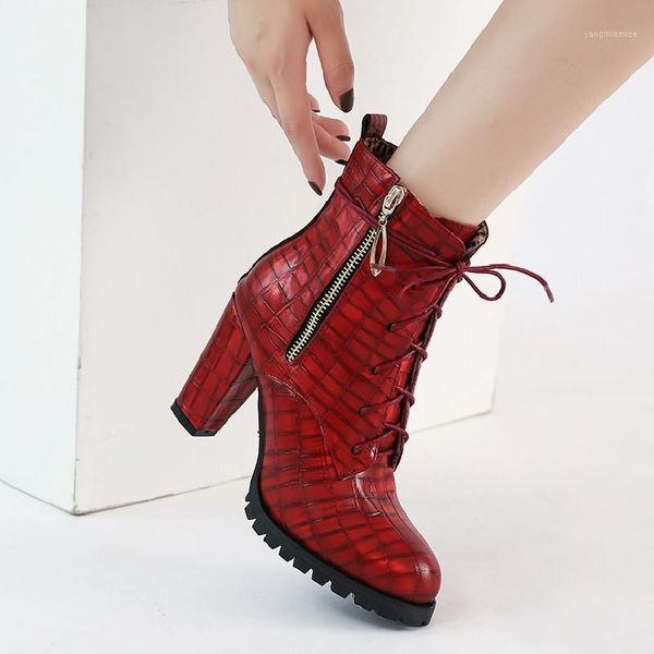 

plus size ankle boots women platform high heels female lace up women's shoes buckle woman short boot ladies footwear1, Black