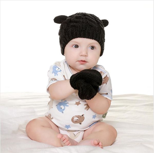 

baby knited hat gloves set outdoor winter warm beanie solid warm cute ear shape knitting soild color cap gloves for 0-3 years kid ljjp736-2, Blue;gray