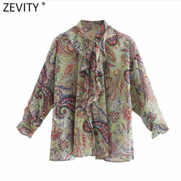 

zevity 2020 women vintage bow collar paisley print casual shirt office lady pleated ruffles blouse retro roupas chic ls70151, White