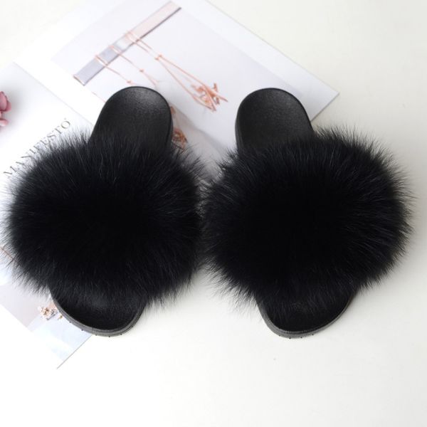 

coolsa women flat non-slip fox fur slides women furry slippers lady's plush fur slippers drop shipping fur shoes women shoes y200706, Black