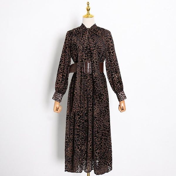 

high street 2020 designer dress women's stand collar lacing belt long sleeve vintage leopard print dress1, Black;gray