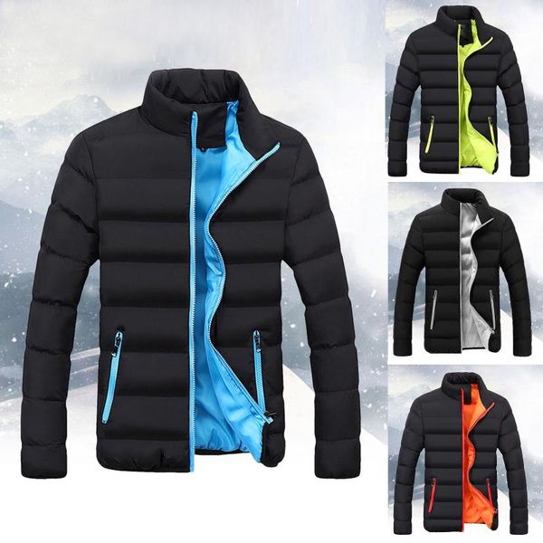 

plus size men winter jacket fashion warm slim fit thicken bubble coat outerwear softshell hiking camping windproof clothes, Blue;black