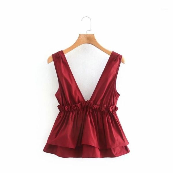 

women deep v neck cascading ruffle hem solid shirt smock casual lady vest blouse femme blusas loose s77591, White