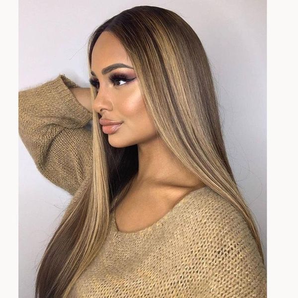 

lace wigs long ombre blonde 150% density middle parting 13x4 front human hair bleached knots, Black;brown