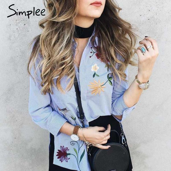 

women's blouses & shirts simplee embroidery long sleeve blouse shirt women 2021 elegant blue striped flower feminine chemise femme blu, White