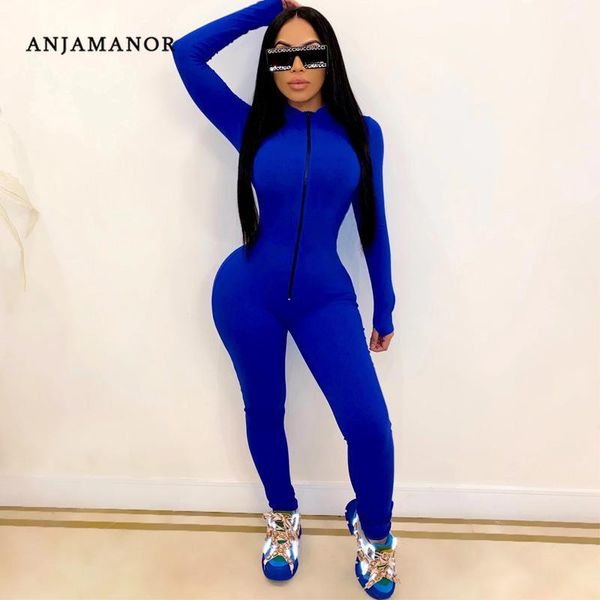 

anjamanor front zip long sleeve bodycon sporty jumpsuits for women fall winter 2020 active wear one piece outfit d37-cg411, Black;white