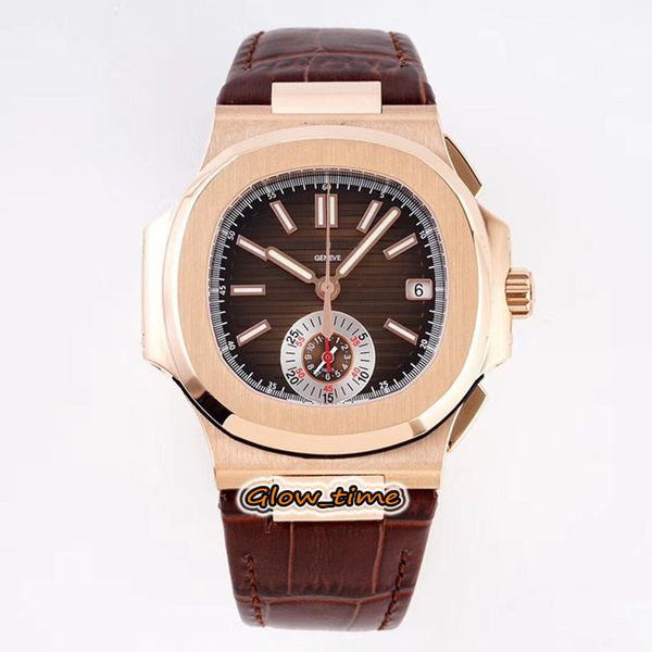 

3kf v2 version brown texture dial pp.ch28-520 chronograph automatic 5980/1r-001 mens watch rose gold case leather strap luxry watches, Slivery;brown