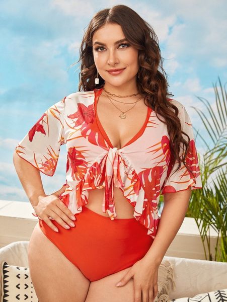 

3pack plus solid bikini swimsuit & plant print cover up x7pz#, Black