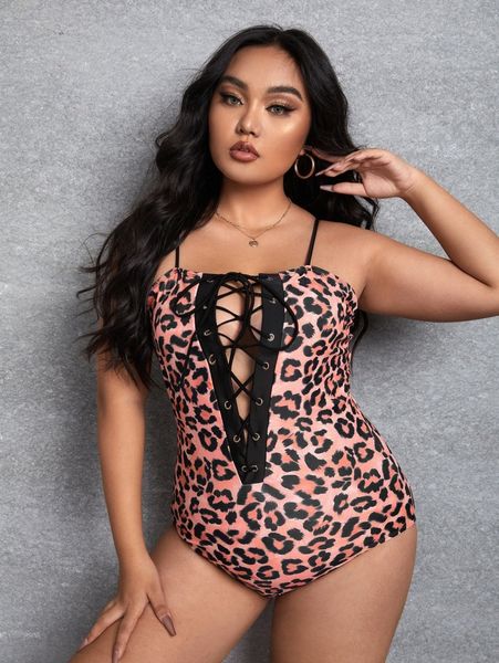 

plus leopard eyelet buckle front one piece swimsuit f3x5#, Black