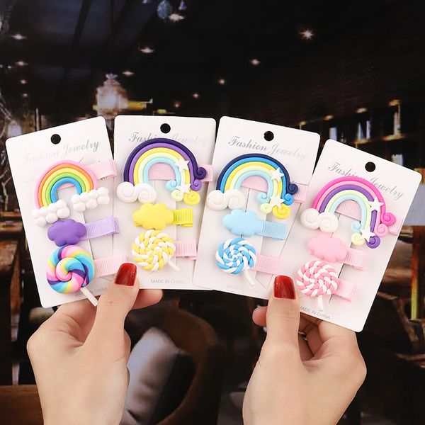 

baby hair accessories 2020 new fashion 3pcs/set rainbow cloud lollipop colored child hairpin cute side clip girl baby bangs clip, Slivery;white